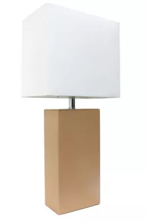 Modern table lamp with white fabric shade and beige leather base