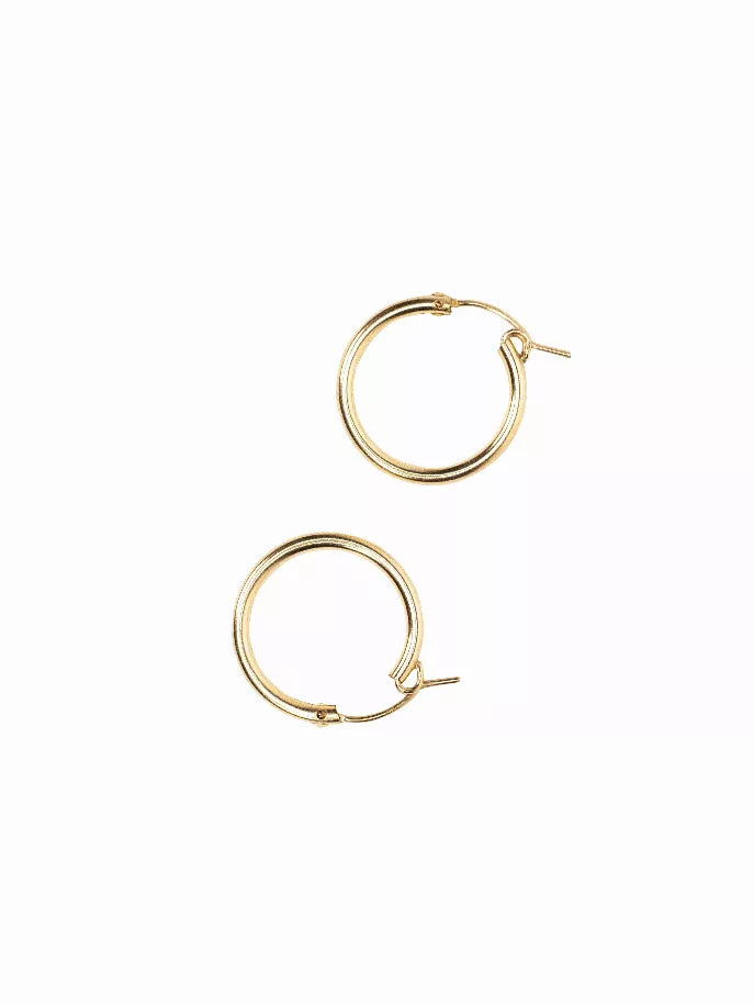 Gold hoop earrings with hinged clasp, pair front view
