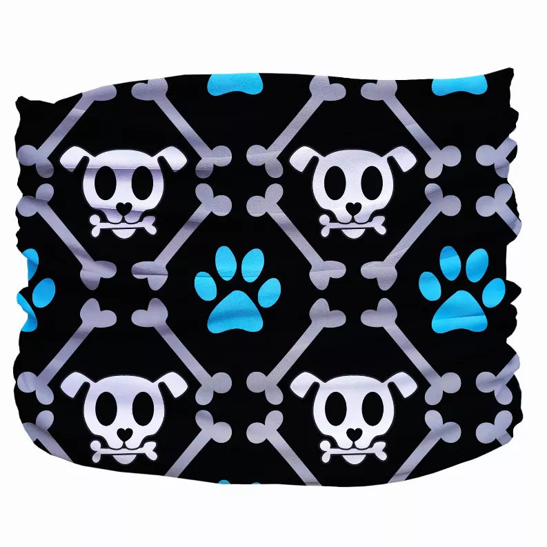 Black skull and paw print dog scruff bandana with crossbones pattern