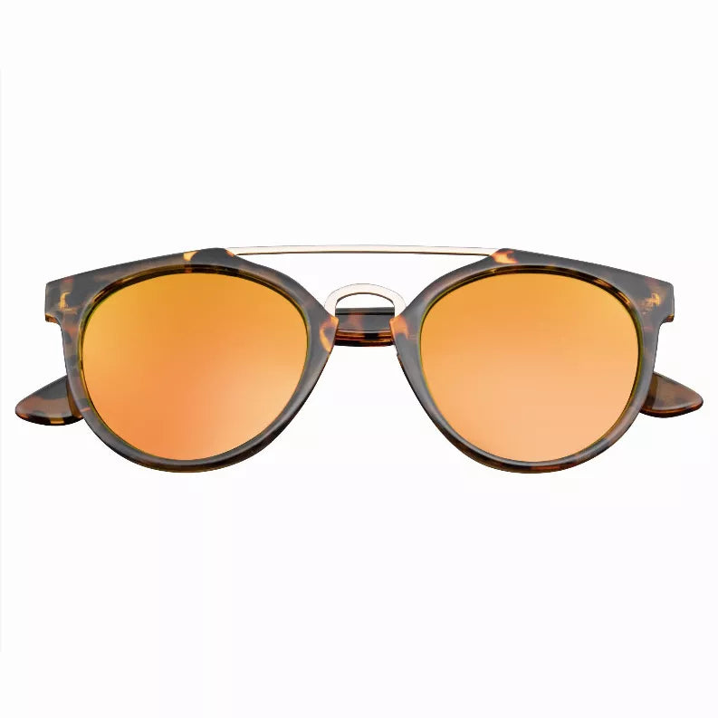 Tortoise red horn-rim crossbar sunglasses with orange flash mirror lenses