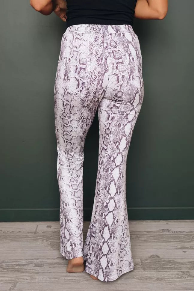 Snakeskin print wide-leg pants, full-length flared legs in lavender-purple