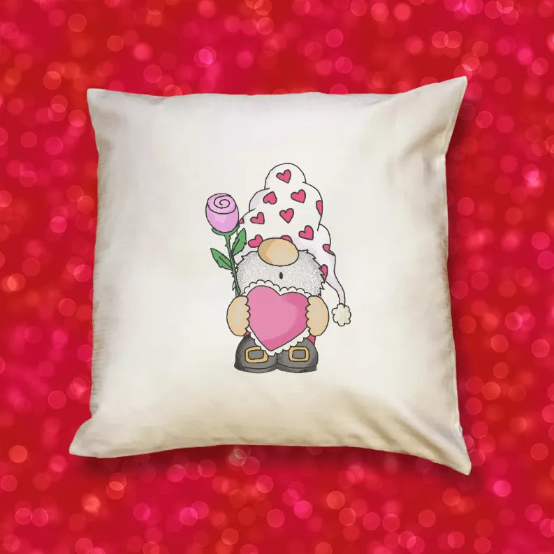 White Valentine pillow cover with pink heart gnome and rose applique