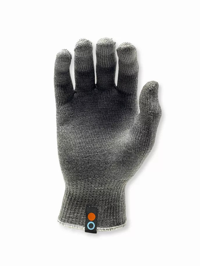 Youth BlocAid gloves, dark gray knit with orange and blue logo patch at wrist