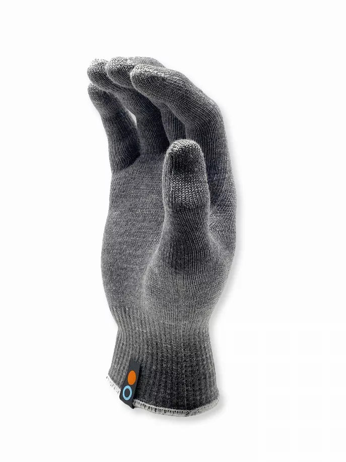 Youth BlocAid gloves, dark gray knit with orange and blue logo patch on cuff