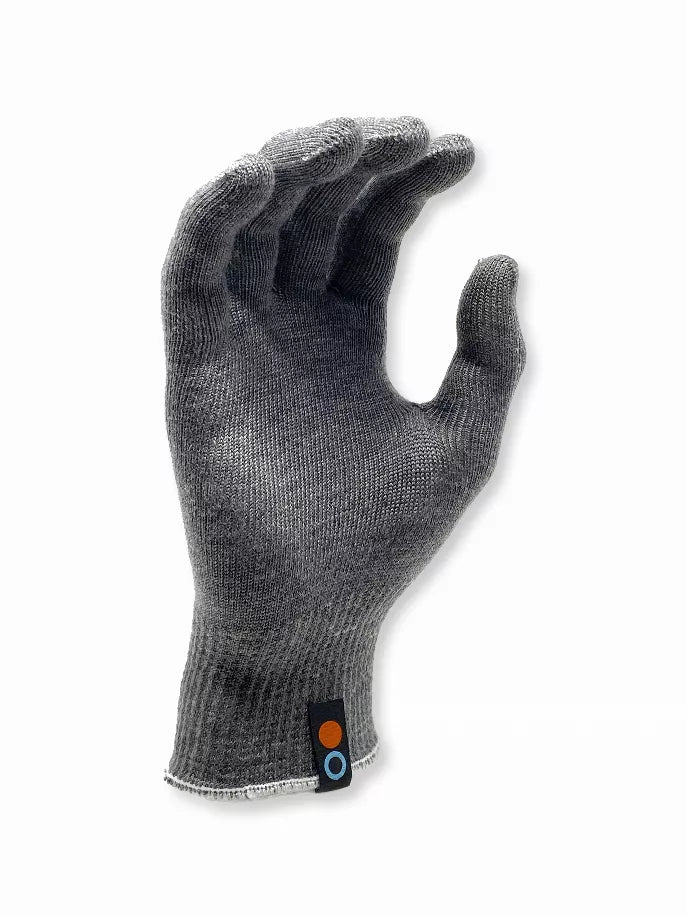 Youth BlocAid gloves, dark gray knit with thumb detail and orange/blue logo at cuff