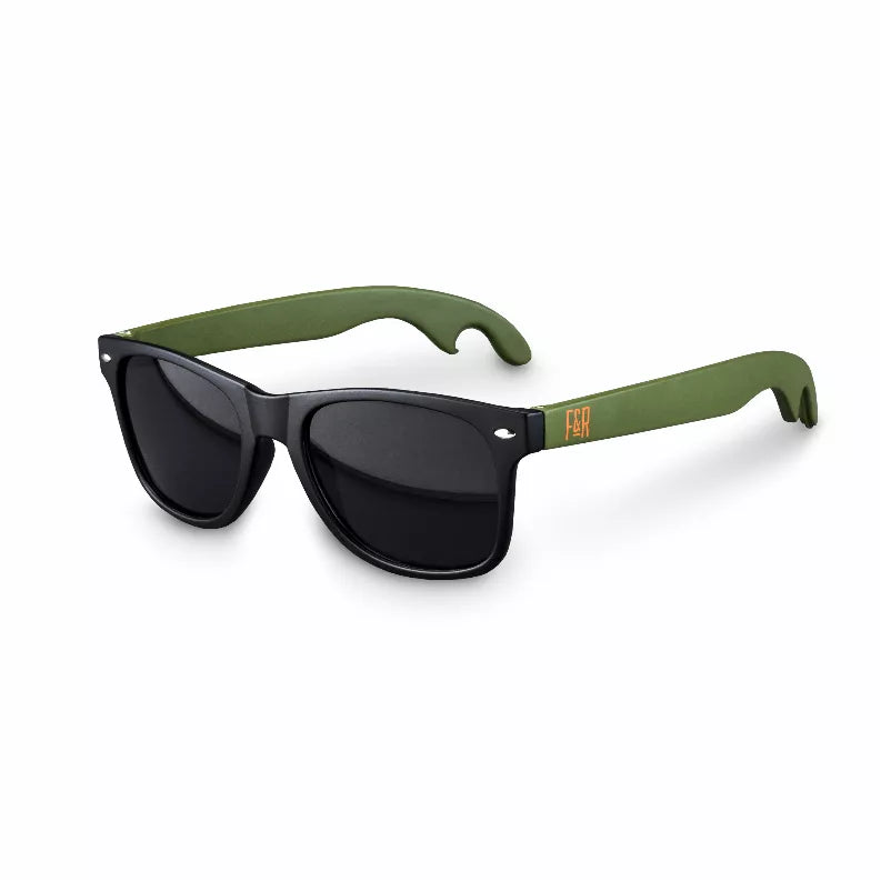 Black bottle opener sunglasses with dark lenses and green temples