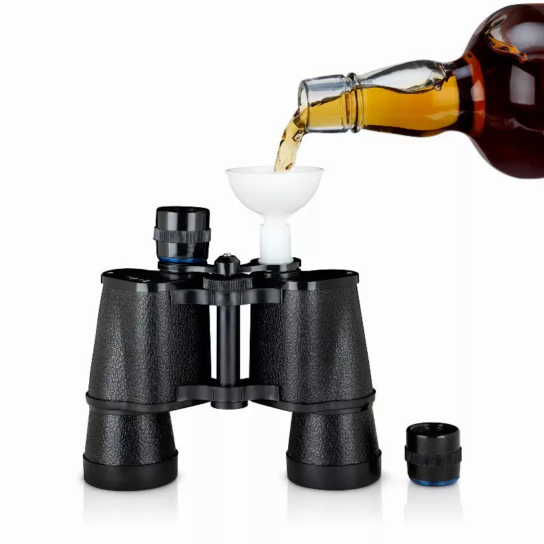 Black binoculars flask with cup; liquid pouring from top