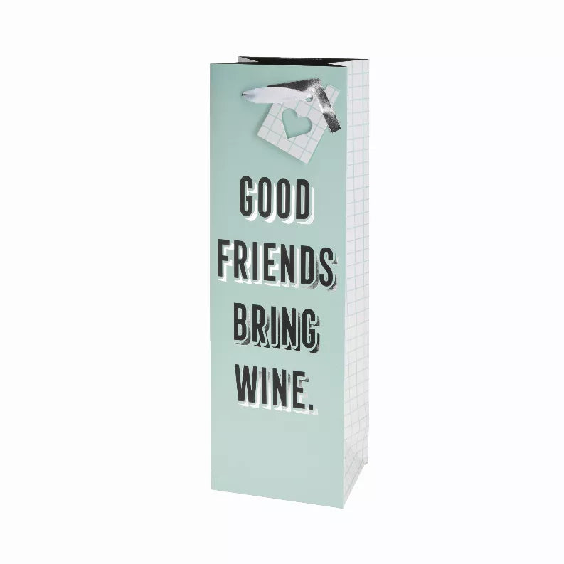 Teal single-bottle wine bag with "Good Friends Bring Wine" text print