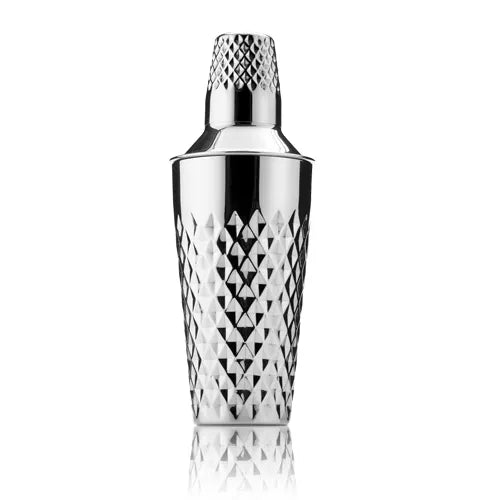 Silver faceted cocktail shaker by Viski, stainless steel with diamond pattern.