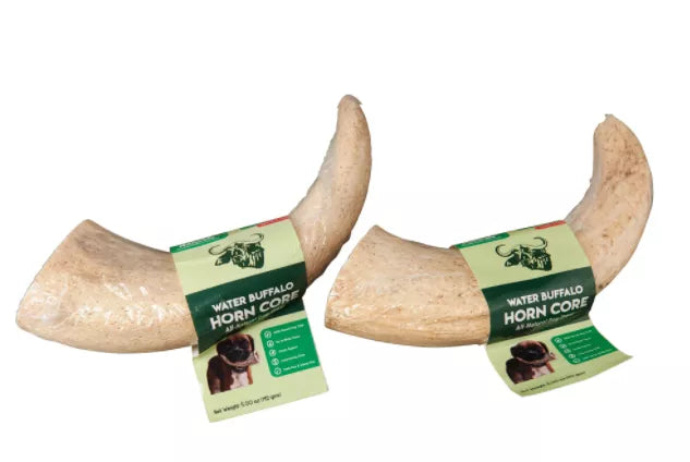 Pair of natural water buffalo horn core dog chews with green label packets