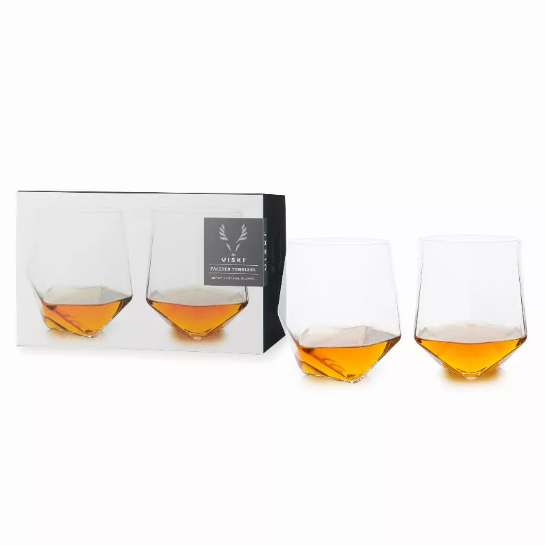 Viski faceted crystal tumblers, clear set in box and on display