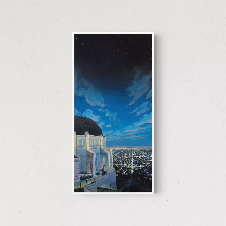 Framed nighttime observatory wall art featuring starry sky, blue clouds, and skyline lights