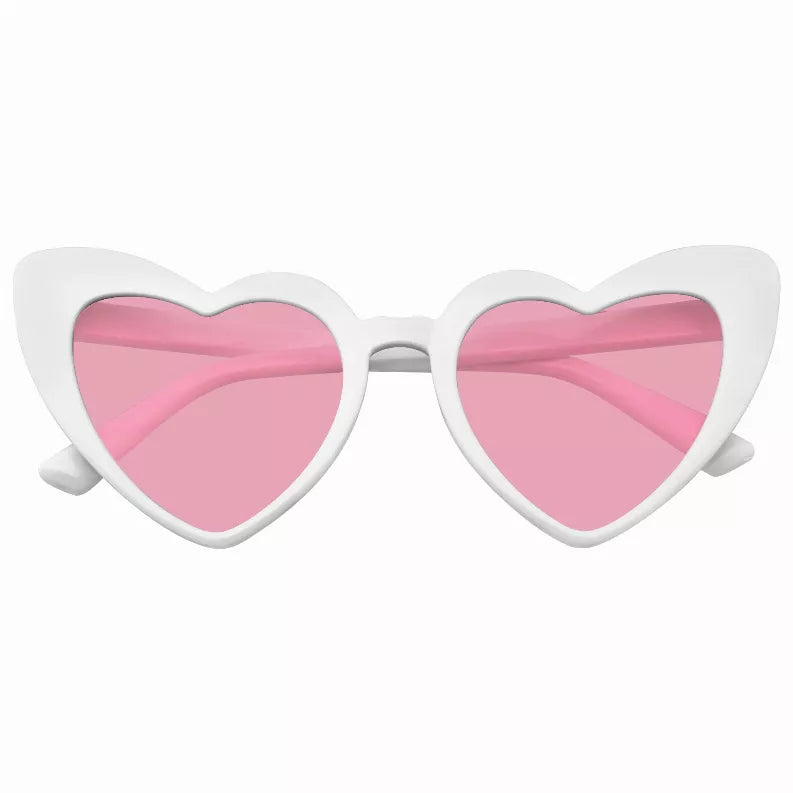 Heart-shaped cat-eye sunglasses, white frame with pink tinted lenses