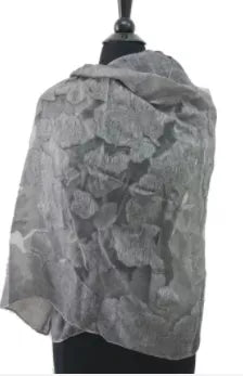 Grey spring scarf with crinkled, ruched texture and soft drape