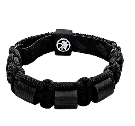 Black braided shark repellent bracelet with black blocks and round logo emblem
