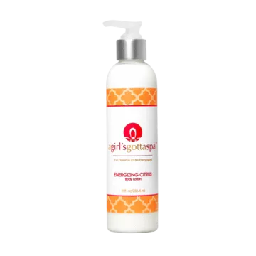 A Girl's Gotta Spa! body lotion bottle, white with orange accents, Energizing Citrus, pump