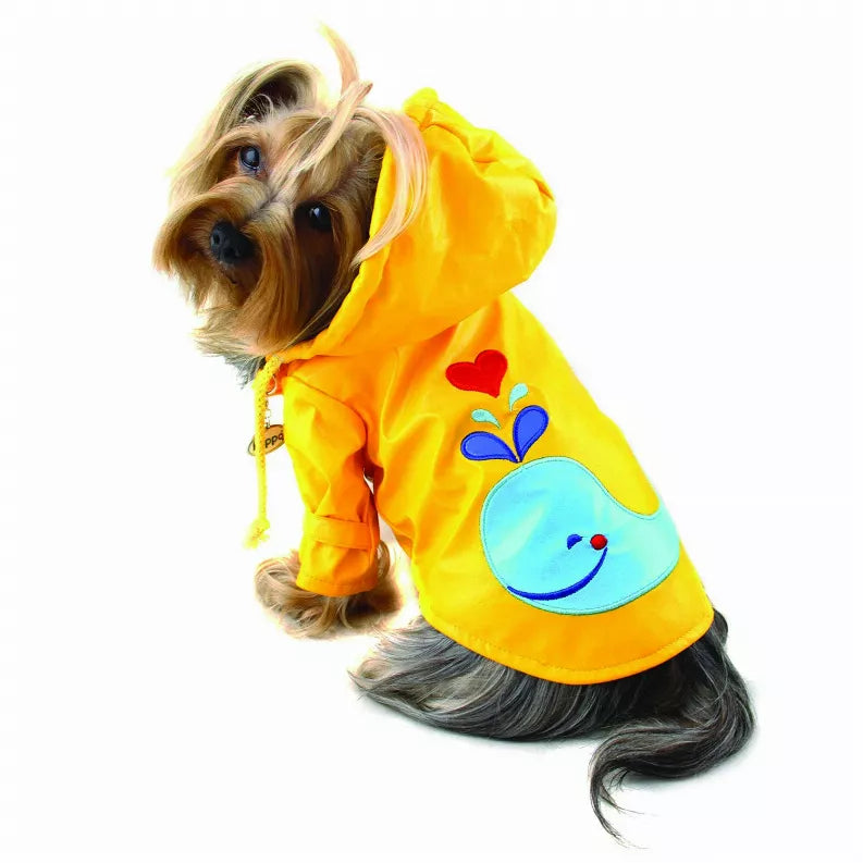 Yellow whale raincoat with hood and smiling pocket applique