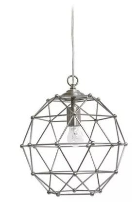 Brushed nickel hexagon industrial pendant light, one light, geometric cage design