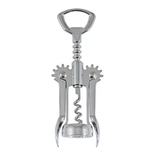 Chrome winged corkscrew with spiral worm and two hinged bottle-opening levers
