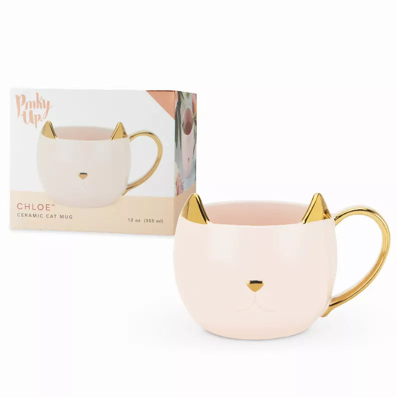 Chloe pink ceramic cat mug with gold cat ears and cat-face detail, curved handle
