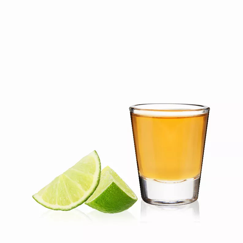 True clear 1.5 oz shot glass with short cylindrical shape, thick rim