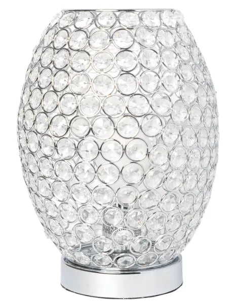 Curved crystal accent table lamp with clear rhinestone-like shade and chrome base