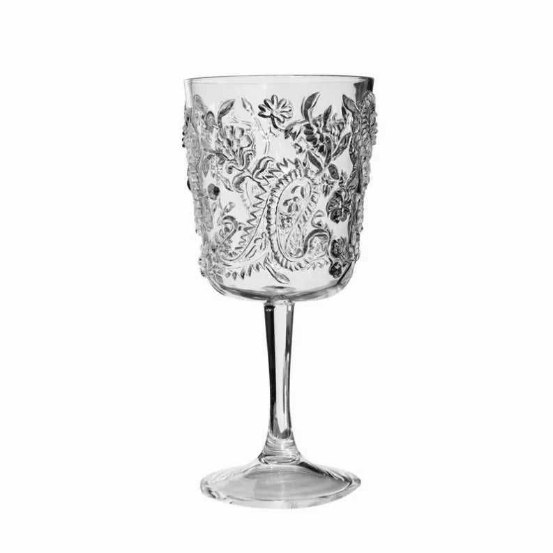 Clear acrylic paisley wine glass with etched ornamental pattern