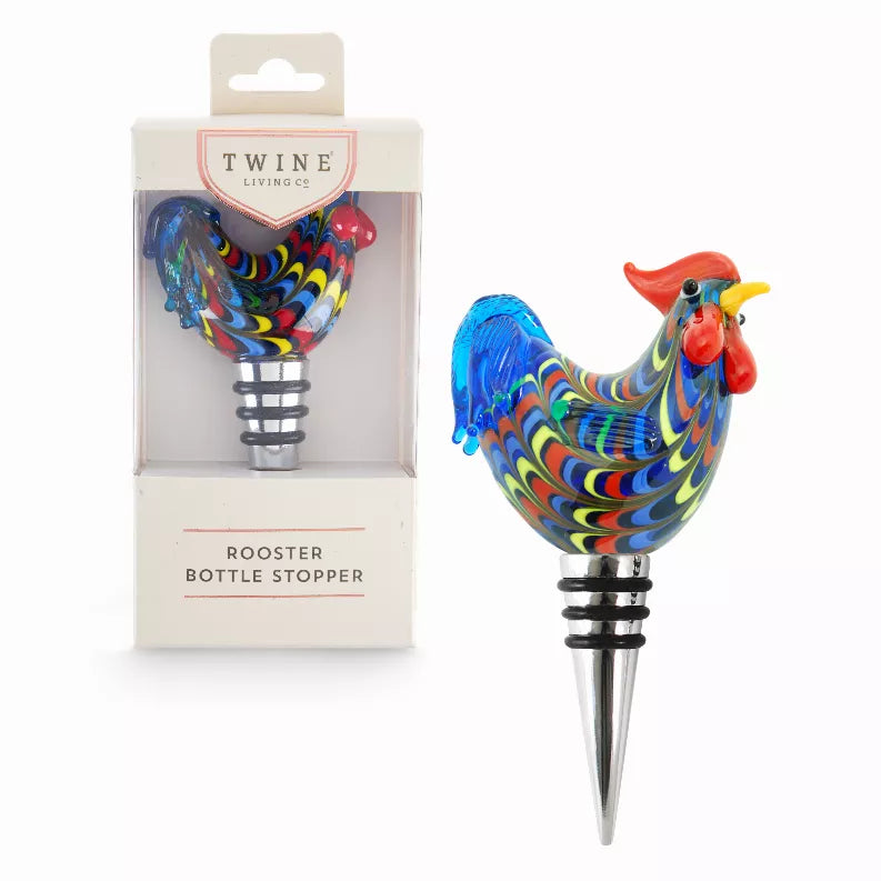 Rooster glass bottle stopper with multicolor swirl and chrome stand