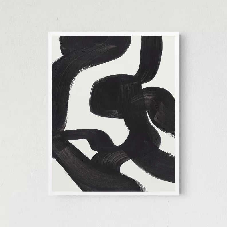 Framed abstract ink art print with thick black brush strokes and a light background.