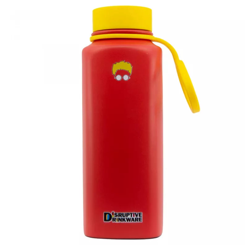 Red drink bottle with yellow lid, wrist strap, and cartoon logo