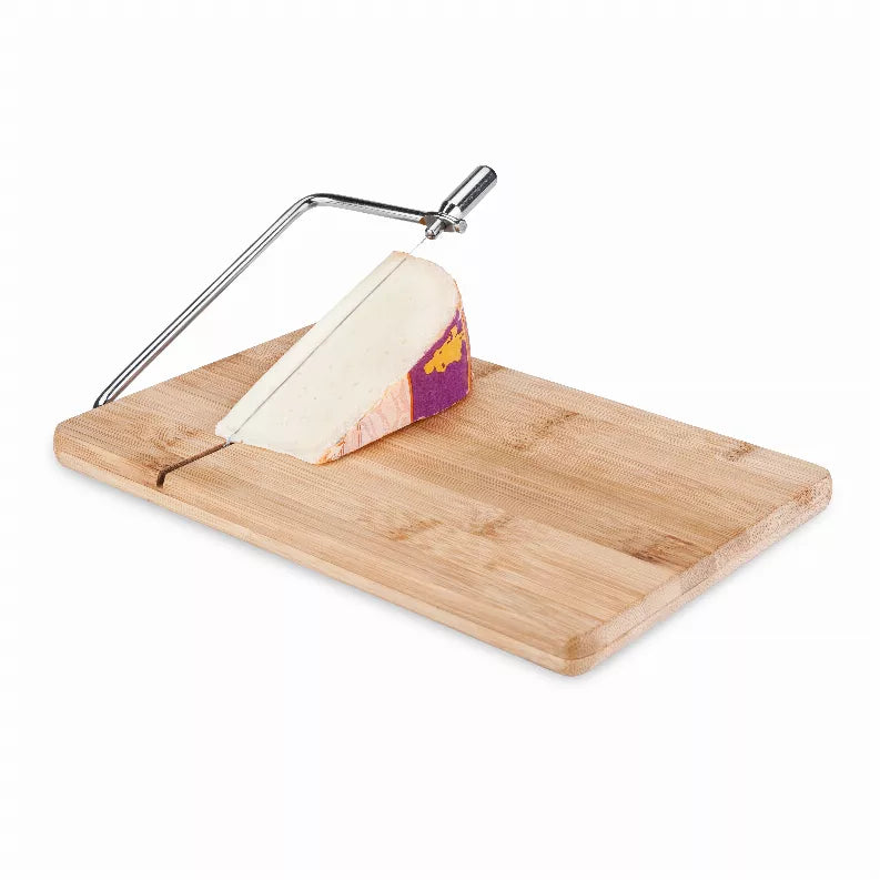 Bamboo cheese slicing board with stainless wire cutter and handle