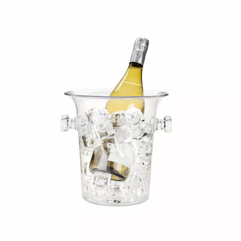 Clear acrylic ice bucket with side handles, holding ice and bottle neck.