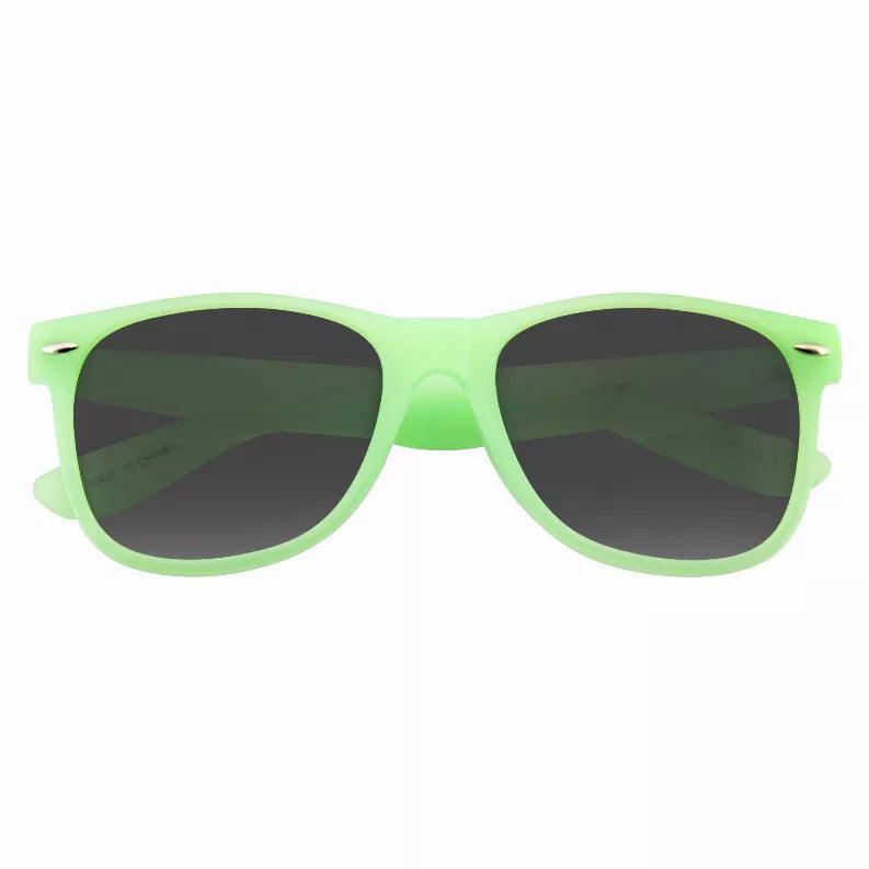 Green translucent retro sunglasses with dark lenses and horned edges