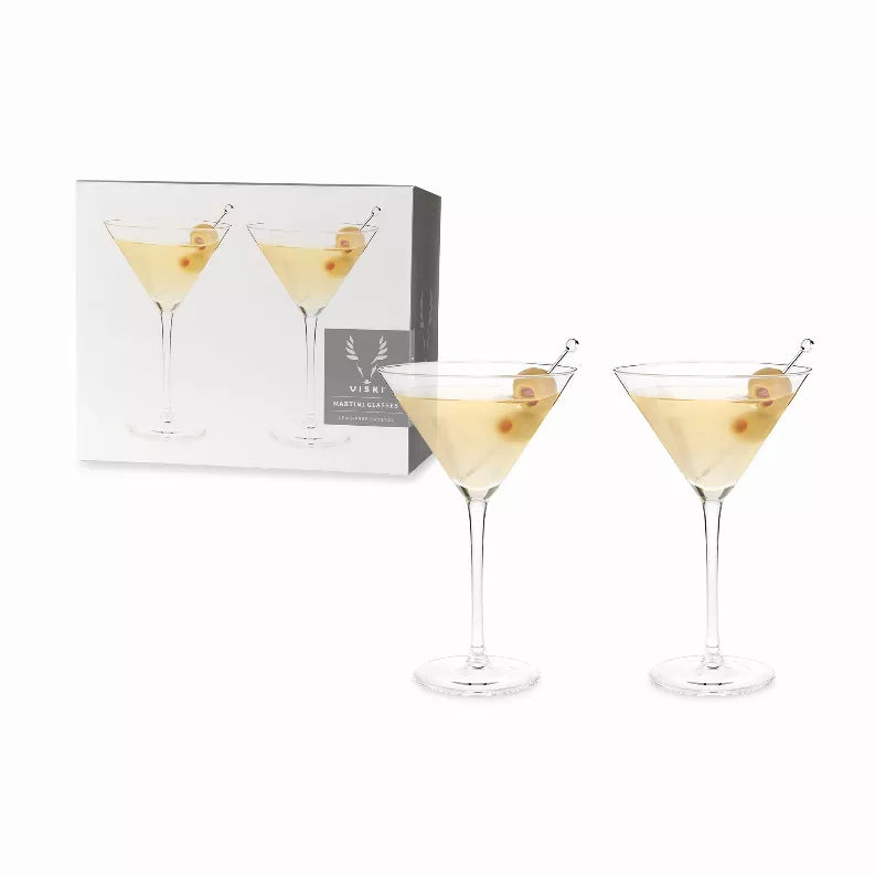 Clear crystal martini glasses with stem and wire garnish pick, by Viski