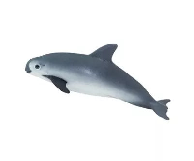 Gray vaquita porpoise figurine, side profile with open mouth and fins