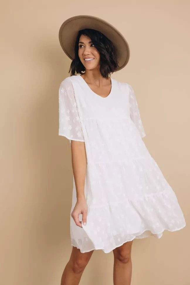 Light blue babydoll dress with V-neck and flowy tiered skirt, full body front
