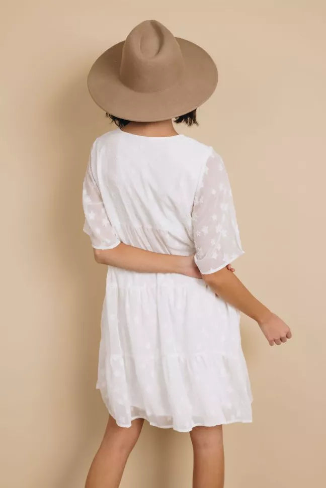 Light blue babydoll dress with tiered layers and short sleeves, back view