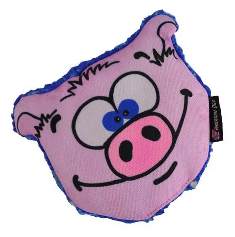 Pink pig-shaped dog toy with blue trim and stitched cartoon face
