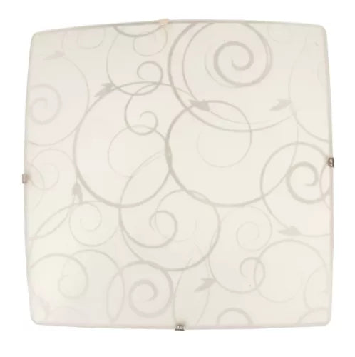 White square flushmount ceiling light with scroll swirl pattern on glass