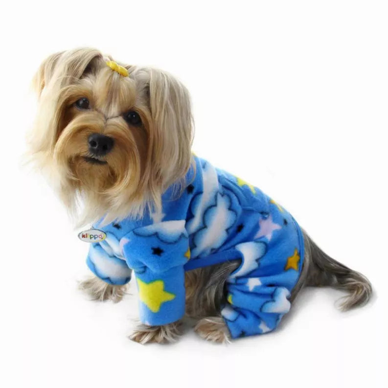 Blue fleece turtleneck pajama set with stars and cloud print