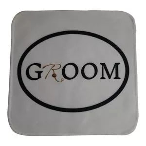 Gray square wedding washcloth with black circular “GROOM” embroidered text