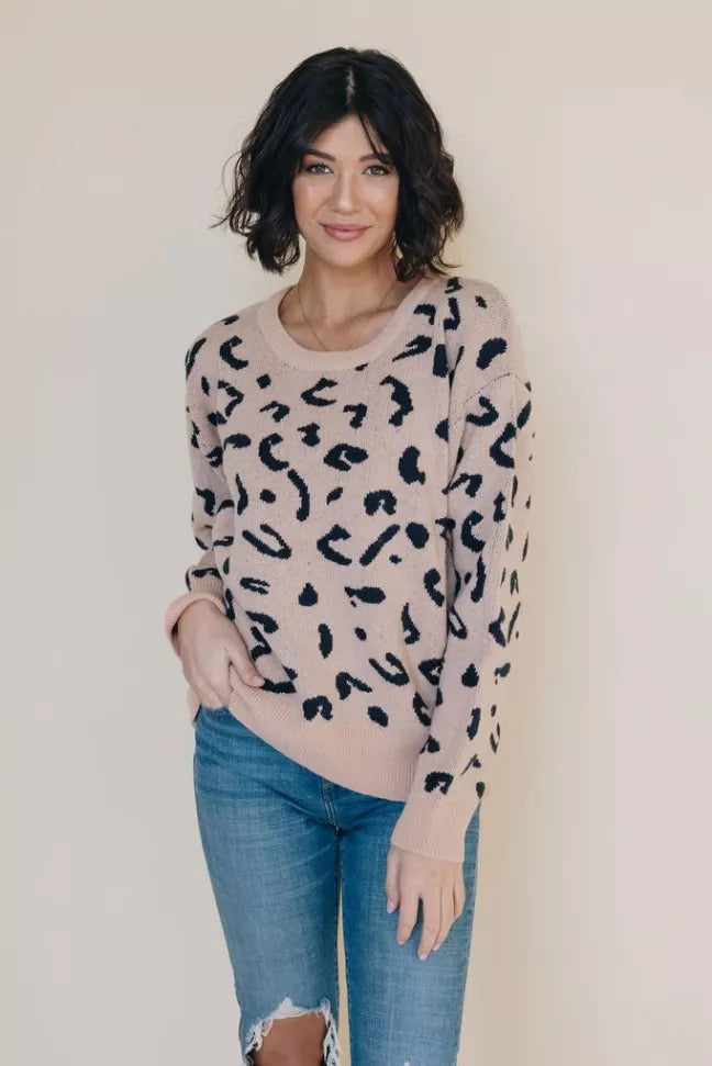 Khaki leopard-print sweater with crew neck and long sleeves, front view