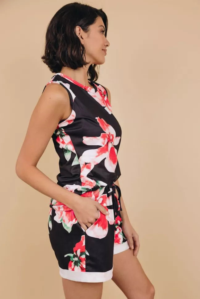 Black floral sleeveless loungewear set with matching shorts, angled side view