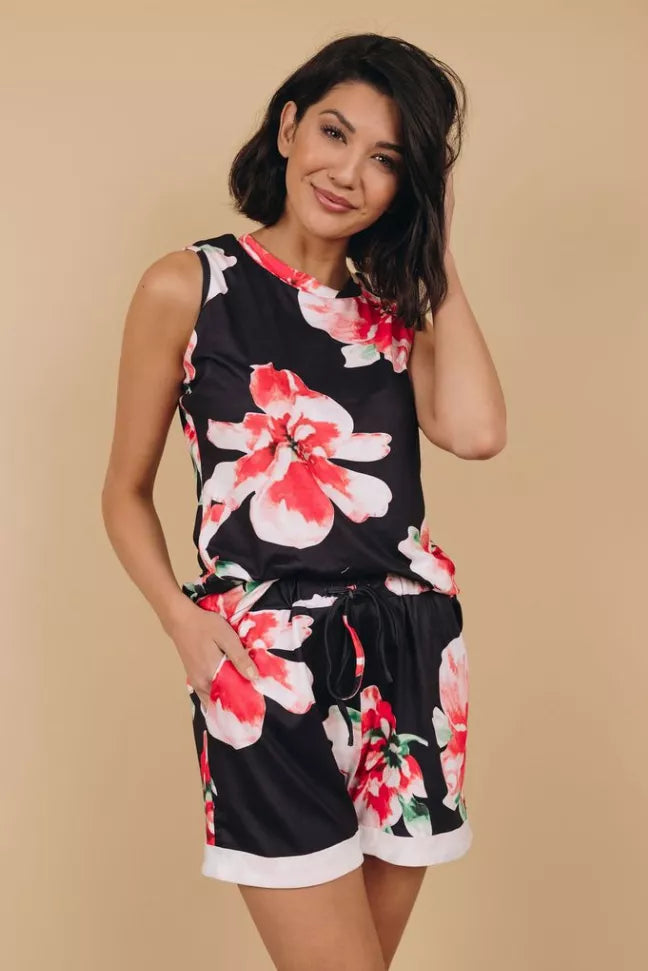 Black floral sleeveless loungewear set with drawstring waist shorts, front view
