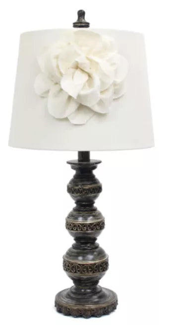 Elegant Designs Aged Bronze Stacked Ball Lamp with Couture Linen Flower Shade - Aged Bronze / 1 - Lamps & Lights
