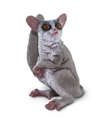 Sitting gray bush baby figurine with long ears and orange eyes, sculpted details
