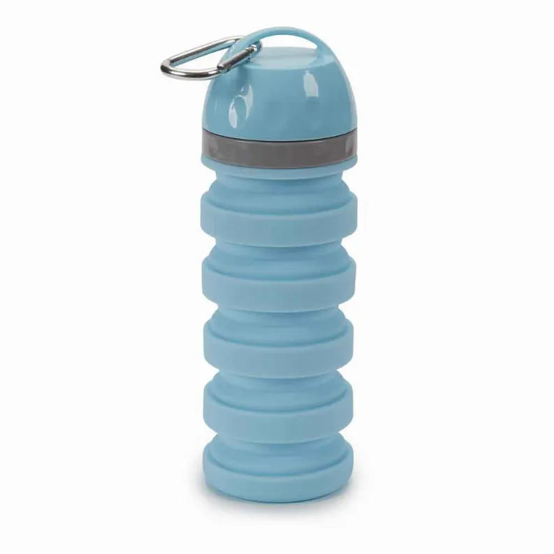 20oz collapsible water bottle, light blue ridged silicone with carry loop cap