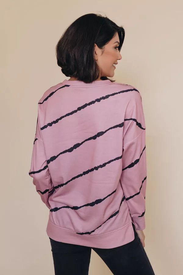 Pink tie-dye striped pullover sweatshirt, diagonal dark lines on back, long sleeves