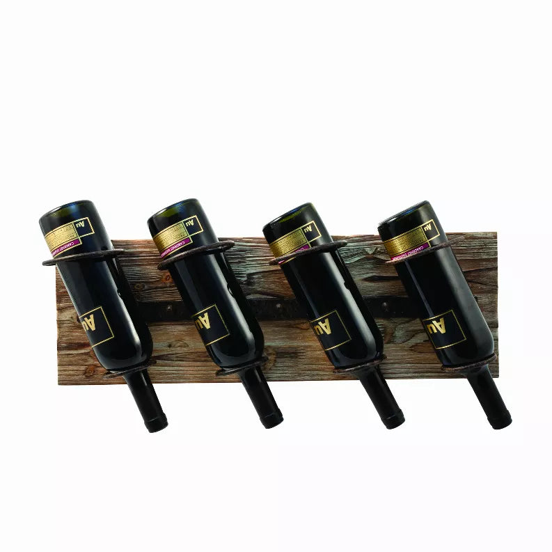 Wood wine rack with black metal bottle holders for four bottles