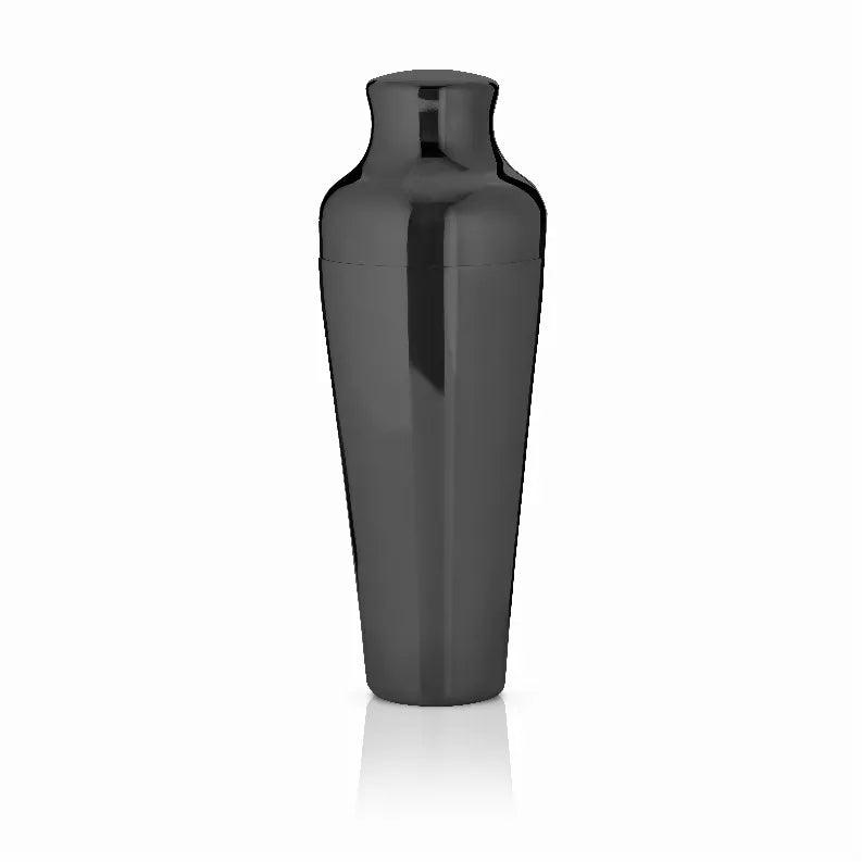 Gunmetal cocktail shaker by Viski, tall cylindrical metal canister